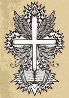 Fantasy cross with wings, flame and book on texture background vector