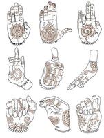 Hand drawn collection with mudras and patterns on hands vector