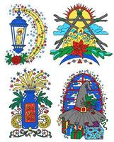 Hand drawn illustration with colorful emblems of lantern, pentagram, bottle and witch hat on white. Esoteric, gothic and mystic object or element. Halloween and New Year concept. vector