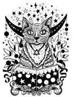 Hand drawn illustration with cat sitting in gifting box, moon, conifer branches and stars on white. Esoteric, gothic and mystic object or element. Halloween and New Year concept. vector