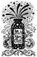 Hand drawn illustration with magic potion in decorated bottle, conifer branches and fireworks on white. Esoteric, gothic and mystic object or element. Halloween and New Year concept. vector