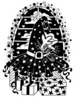 Hand drawn illustration with decorated witch hat and gifting boxes against window with lights on white. Esoteric, gothic and mystic object or element. Halloween and New Year concept. vector