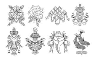 Design set with eight auspicious symbols of Buddhism isolated on white. Religious hand drawn illustration, buddhist background vector