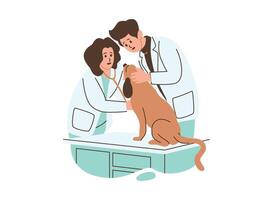 A cartoon illustration of two veterinarians examining a dog in a clinic. One vet is holding a stethoscope, while the other is looking concerned. vector