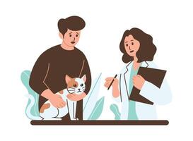 A cartoon illustration of a veterinarian examining a cat while the cat's owner looks on with concern. vector
