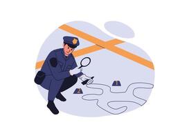 A flat illustration of a police officer investigating a crime scene, using a magnifying glass near numbered evidence markers and a chalk outline of a body, with police tape in the background. vector