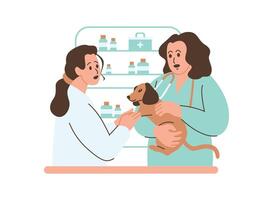 A cartoon illustration of a veterinarian administering a vaccination to a dog in a clinic. The vet is wearing a white coat and holding a syringe, while the dog sits patiently on a table. vector