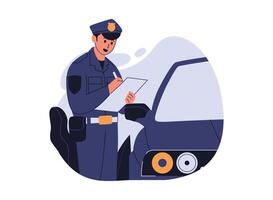 A flat illustration of a police officer giving a ticket to a driver. The officer is holding the ticket, while the driver is looking at it. vector