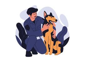 A flat illustration of a police officer kneeling beside a sniffer dog, showing care and partnership. The officer appears attentive while the dog is calm, symbolizing the bond between them. vector