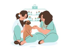 A cartoon illustration of a veterinarian administering a vaccination to a dog in a clinic. The vet is wearing a white coat and holding a syringe, while the dog sits patiently on a table. vector