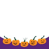 Five carved pumpkins with playful faces line the bottom of a white and purple background, creating a festive Halloween border. vector