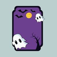 Two friendly ghosts and bats hover under a full moon in a spooky purple scene, framed by a silhouette of a barren tree. vector