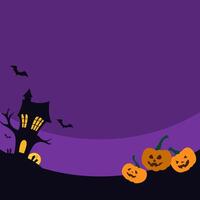 A haunted house and pumpkins sit under a purple sky, with bats flying overhead, creating a whimsical Halloween scene. vector
