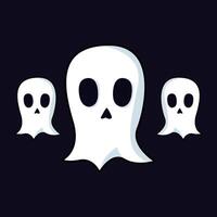 Three cartoon ghosts with wide eyes float against a dark background, creating a playful and spooky Halloween theme. vector