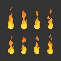 Nine stylized flames in various shapes and sizes on a dark background, featuring yellow and orange gradients. vector