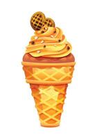 Crunchy waffle cone topped with caramel ice cream, sprinkled with tiny chocolate bits. cartoon illustration vector
