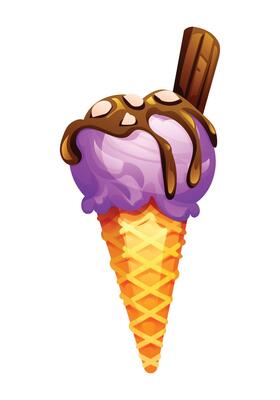 Purple ice cream with chocolate syrup drizzled on top and wafer stick in a waffle cone. cartoon illustration