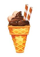 Chocolate ice cream in a waffle cone, topped with marshmallows and wafer sticks. cartoon illustration vector
