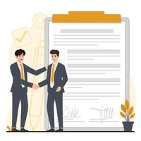 Two businessmen shaking hands in front of a clipboard vector