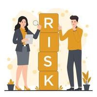 Business people standing next to a cube with the word risk vector