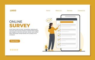 Online survey flat landing page template. Online survey concept. Online questionnaire form on smartphone screen. Online questionnaire form, Web site design, landing page vector
