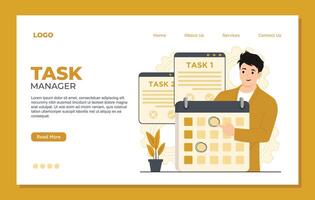 Task manager landing page template illustration in flat style. Businessman with calculator. vector