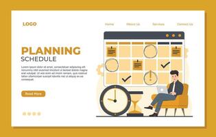 Planning schedule landing page template. Businessman working with laptop and planning schedule. Time management concept. vector
