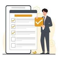Businessman holding check box and phone with checklist vector