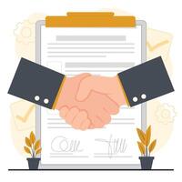 Handshake between two businessmen on a contract document vector