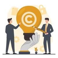 Two men in suits holding a light bulb with the copyright symbol vector