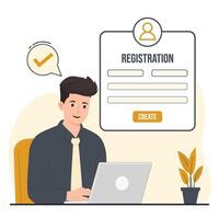 Man working on his laptop in front of registration form vector