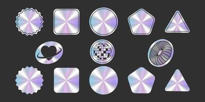 Holographic sticker. Holographic stickers with pattern and blank in different geometric shapes. Shimmering shiny texture stickers. Isolated set vector