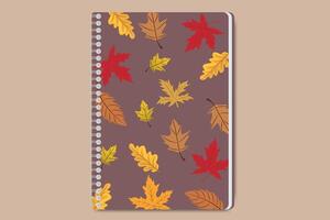Autumn notebook with colorful falling leaves pattern on a brown spiral bound cover vector