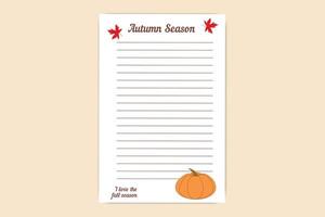 Autumn notepad template with pumpkin and red maple leaves, featuring lined pages and seasonal typography vector