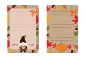 Autumn notepad template with cute gnome, pumpkin, acorns, and colorful leaves on lined pages for seasonal notes vector