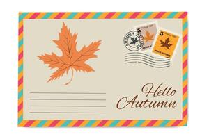 Autumn envelope. Autumn card with a large maple leaf illustration, decorative stamps and retro-style frame design. vector