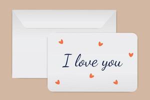 Romantic card with I love you message and small heart illustrations on a simple white background with envelope vector