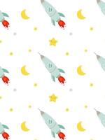 space background for the nursery with rocket, stars and moon on a white background vector