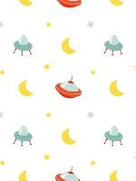 cute children's pattern with a spaceship, stars, moon on a white background vector