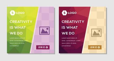 set of design of black banners of standard size. Templates with red and green polygonal elements and buttons. square banner for social media vector