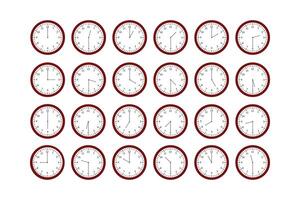 Set of round clocks showing different times of the day from one to twelve at a half hour intervals vector