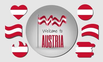 Waving flag of Austria with the inscription Welcome to Austria. Different versions of the flag in the shape of a heart, circle, arc, etc. vector