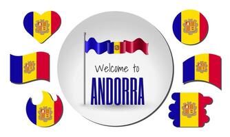 Waving flag of Andorra with the inscription Welcome to Andorra. Different versions of the flag in the shape of a heart, circle, arc, etc. vector