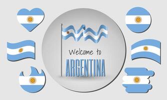 Waving flag of Argentina with the inscription Welcome to Argentina. Different versions of the flag in the shape of a heart, circle, arc, etc. vector