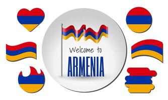 Waving flag of Armenia with the inscription Welcome to Armenia. Different versions of the flag in the shape of a heart, circle, arc, etc. vector