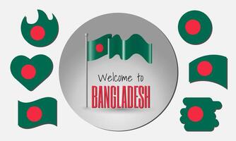 Waving flag of Bangladesh with the inscription Welcome to Bangladesh. Different versions of the flag in the shape of a heart, circle, arc. vector