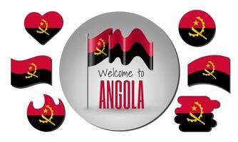Waving flag of Angola with the inscription Welcome to Angola. Different versions of the flag in the shape of a heart, circle, arc, etc. vector