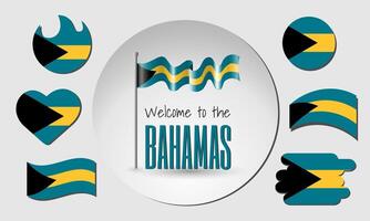 Waving flag of the Bahamas with the inscription Welcome to the Bahamas. Different versions of the flag in the shape of a heart, circle, arc, etc. vector