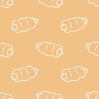 Bread stuffed with Sausage cartoon hand drawn seamless patterns on Light brown background. vector