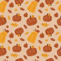 Autumn seamless pattern with pumpkin, leaf, cozy fall elements, cute hand drawn pattern vector